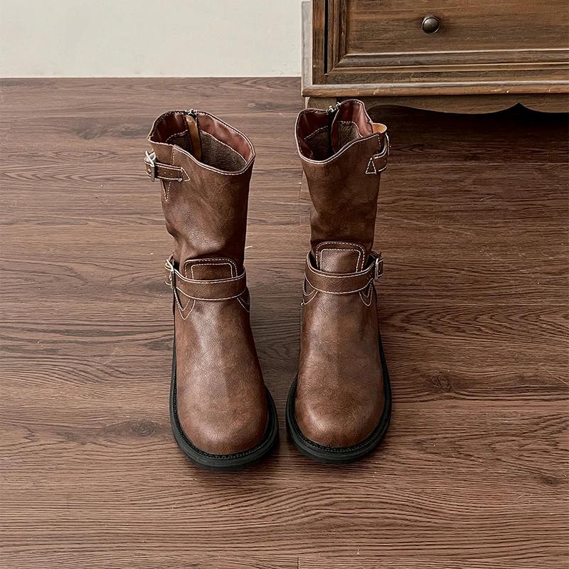 

Винтажные женские ковбойские сапоги в стиле вестерн, модные туфли с пряжкой на ремне, осень-зима, короткие женские ботильоны на низком каблуке 35