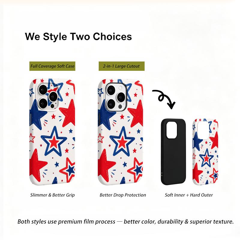 Playful Hand Drawn Red Blue Star Pattern Film Aesthetic Protective Shockproof Bumper Phone Case Cover For iPhone 14 15 16 17 Pro Max Plus