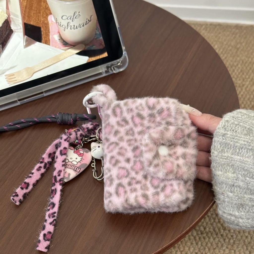 Pink Leopard Print Plush Bag: Cute Portable Earphone Case & Coin Purse for Autumn/Winter