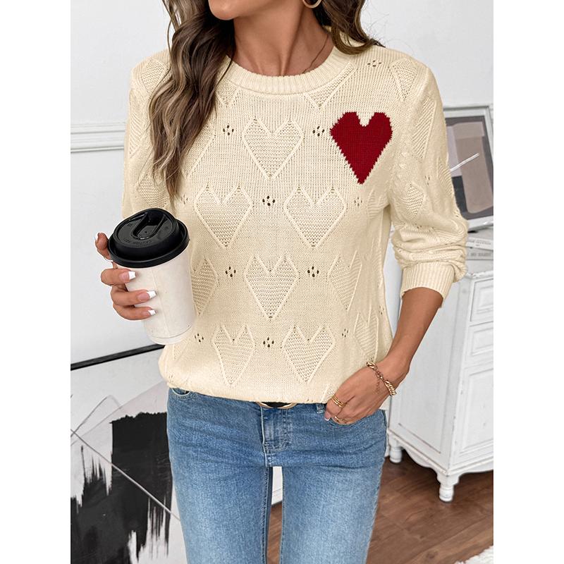 Autumn Round Neck Contrasting Color Heart Jacquard Knitted Sweater for Women's Casual Simple Hollow Out Versatile Sweater