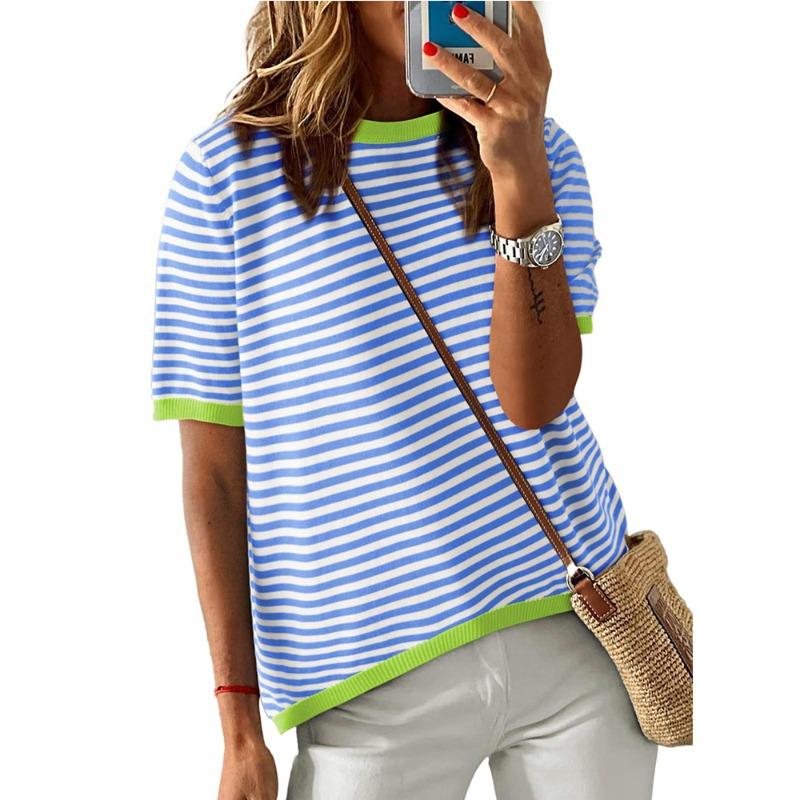 Women's Summer New Round Neck Striped Collision Colour Short Sleeve Casual Jumper
