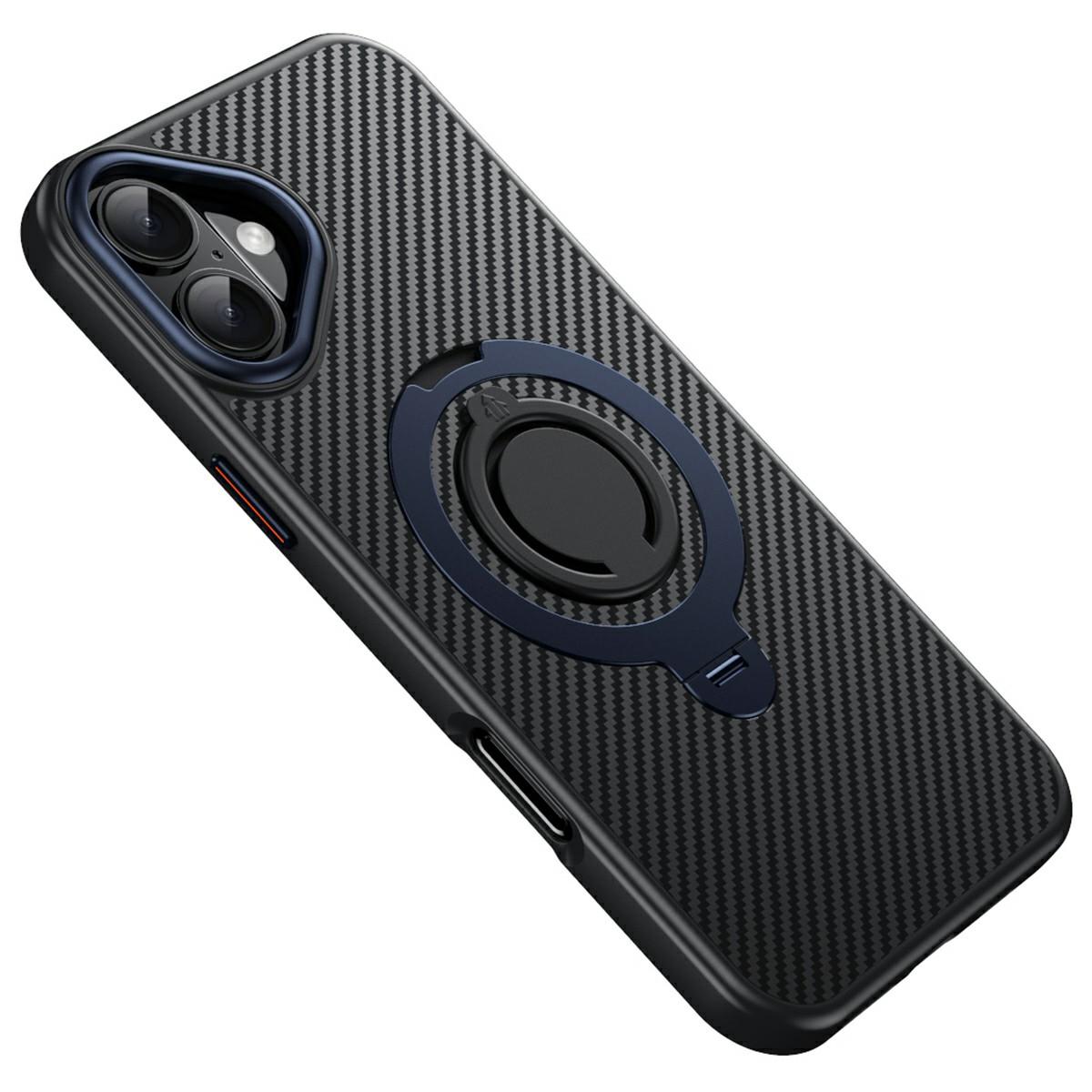 

Чехол для iPhone 16 Plus, совместимый с MagSafe, подставка, задняя крышка из ПК+ТПУ с текстурой углеродного волокна, с силиконовым кольцом Blue