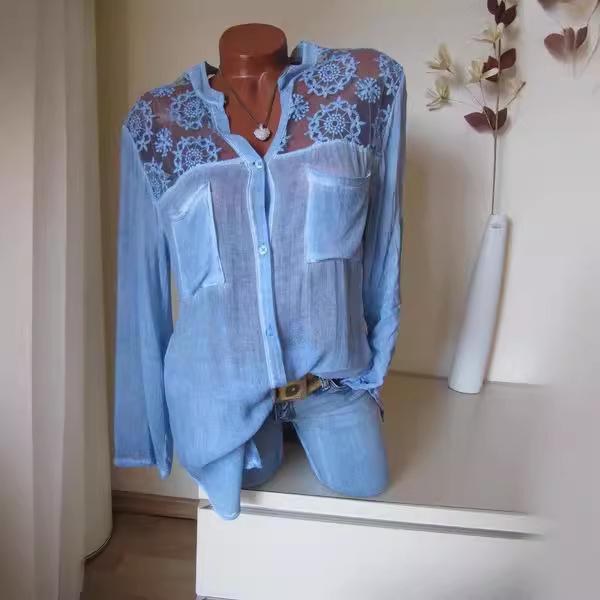 2018 Podzimní halenka s dlouhým rukávem a krajkovou ozdobou, se stojáčkem a klopami a kapsou