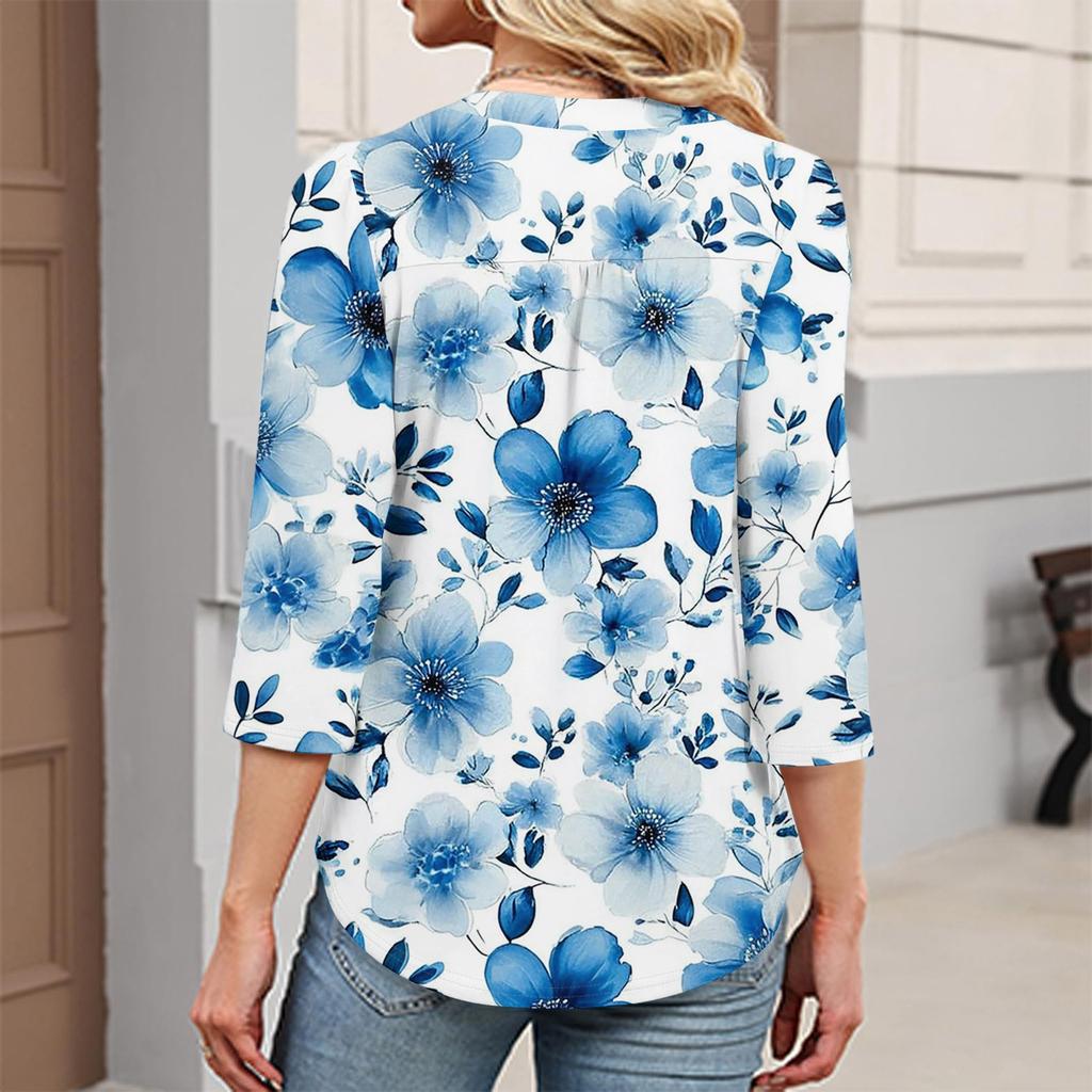 Women's Fashionable Casual Retro Floral V-Neck Decorative Button Three-Quarter Sleeve T-Shirt Top