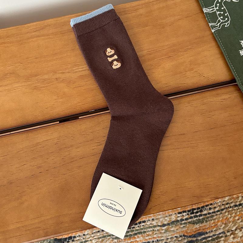 

Женские весенние, осенние и зимние синие кофейные носки до середины икры, вышитые щенком, теплые флисовые махровые носки 1 pair