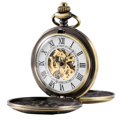 TREEWETO Men's Skeleton Mechanical Pocket Watch, Retro Roman Numeral Half-Size Hunter Bronze