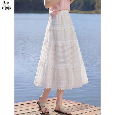 Women's White Versatile A-Line Midi Tiered Skirt