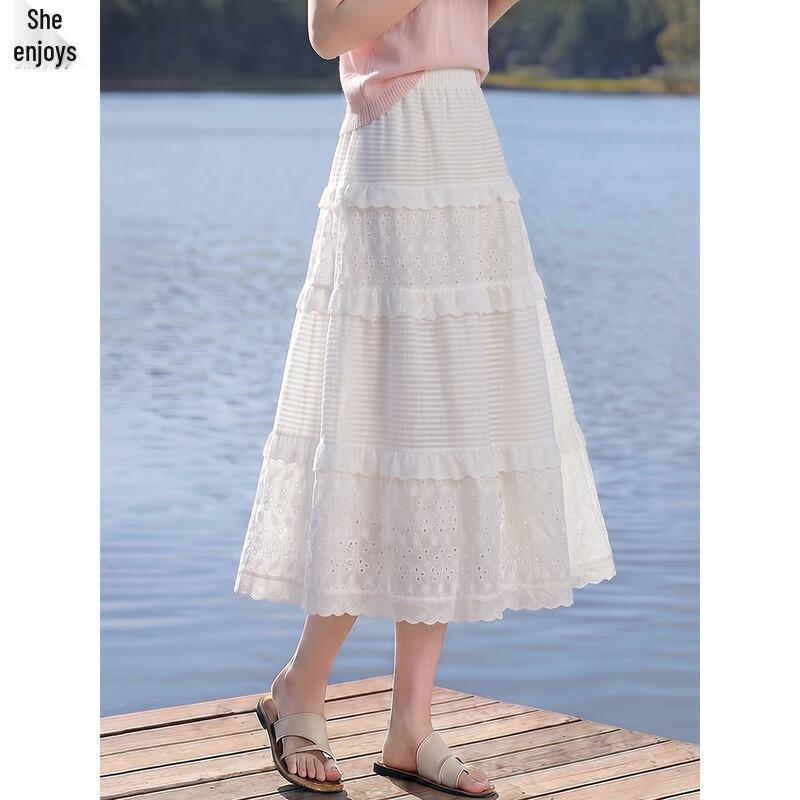 Women s White Versatile A-Line Midi Tiered Skirt M белый