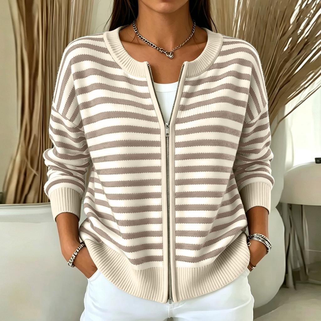 Women's Casual Striped Knit Zip-Up Cardigan