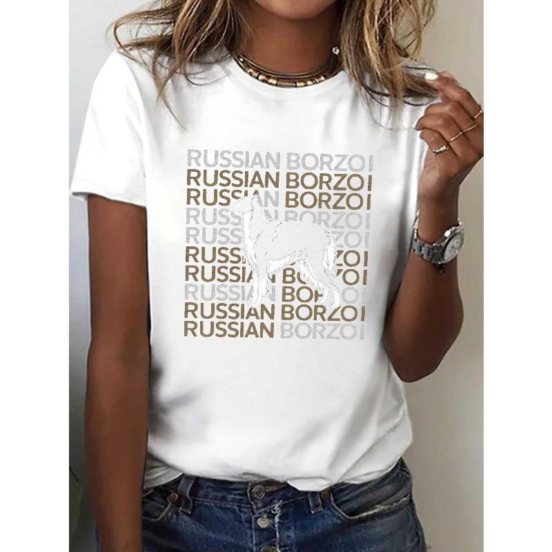 Women s Russian Borzoi Dog Print T-Shirt Black White Casual Crew Neck Short Sleeve Lightweight Summer Top S