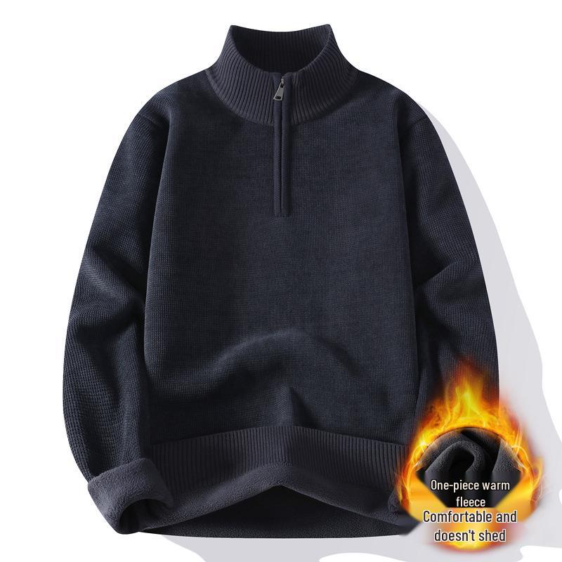 Men's Trendy Woolen Half-Zip Sweater with Velvet Lining - Warm Stand Collar Knitwear