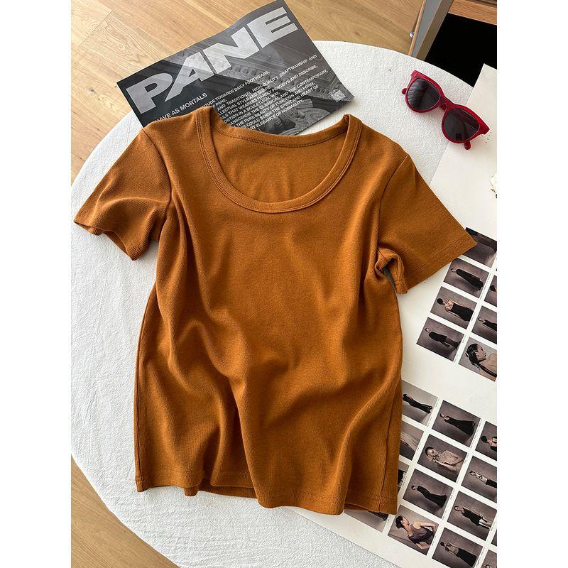 

Minimalist Pure Color Elastic Thread U Collar Short Sleeve T-shirt Female 2025 Spring and Summer New Arrival Silm Slim Looking Inner Bottoming Shirt Orange M(Recommendations (within 57.50kg))