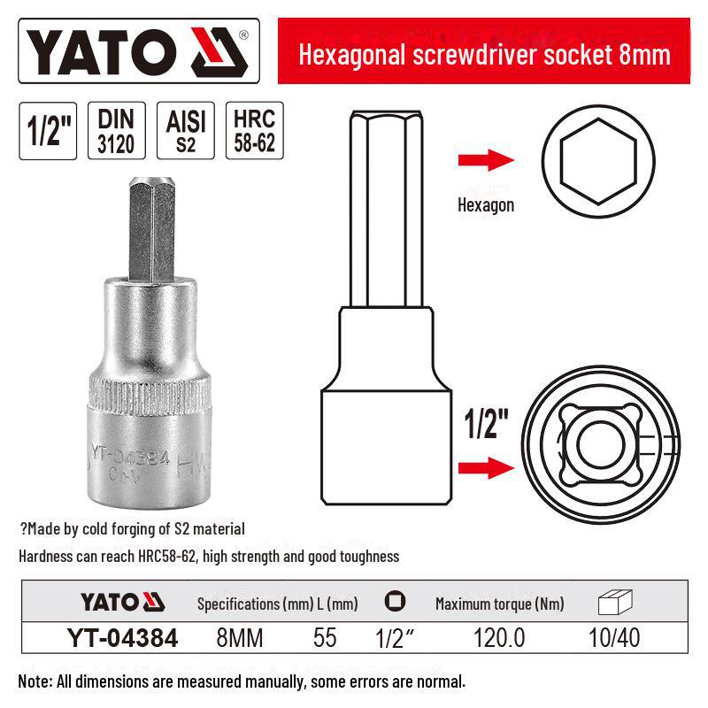 YATO 1/2" Hex Screwdriver Socket Set, S2 Batch Head, Chrome Vanadium Steel