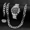 4PC Silver Men's Watch Set Business Trendy Roman Digital Scale Round Dial Quartz Watch Bracelet Necklace Ring Set Perfect Gift