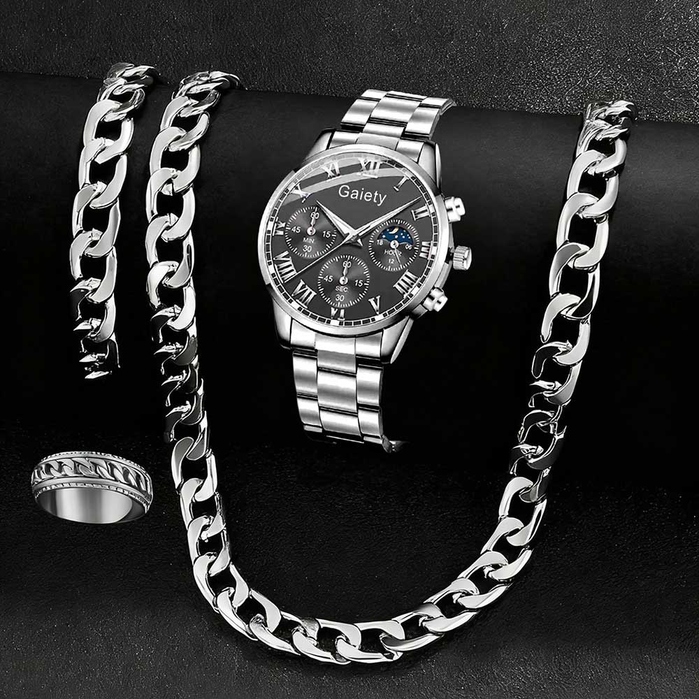 

4PC Silver Men s Watch Set Business Trendy Roman Digital Scale Round Dial Quartz Watch Bracelet Necklace Ring Set Perfect Gift срібний