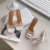 2026 Summer New Bow Rhinestone Transparent High Heel Sandals Women Crystal Heel Square Toe Kitten Heel Slippers Cold Mopping