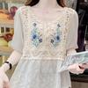 Women Floral Embroidery Crochet Blouse V Neck Puff Sleeve Button Down Casual Top