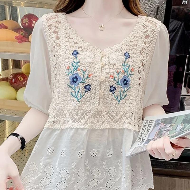 Women Floral Embroidery Crochet Blouse V Neck Puff Sleeve Button Down Casual Top