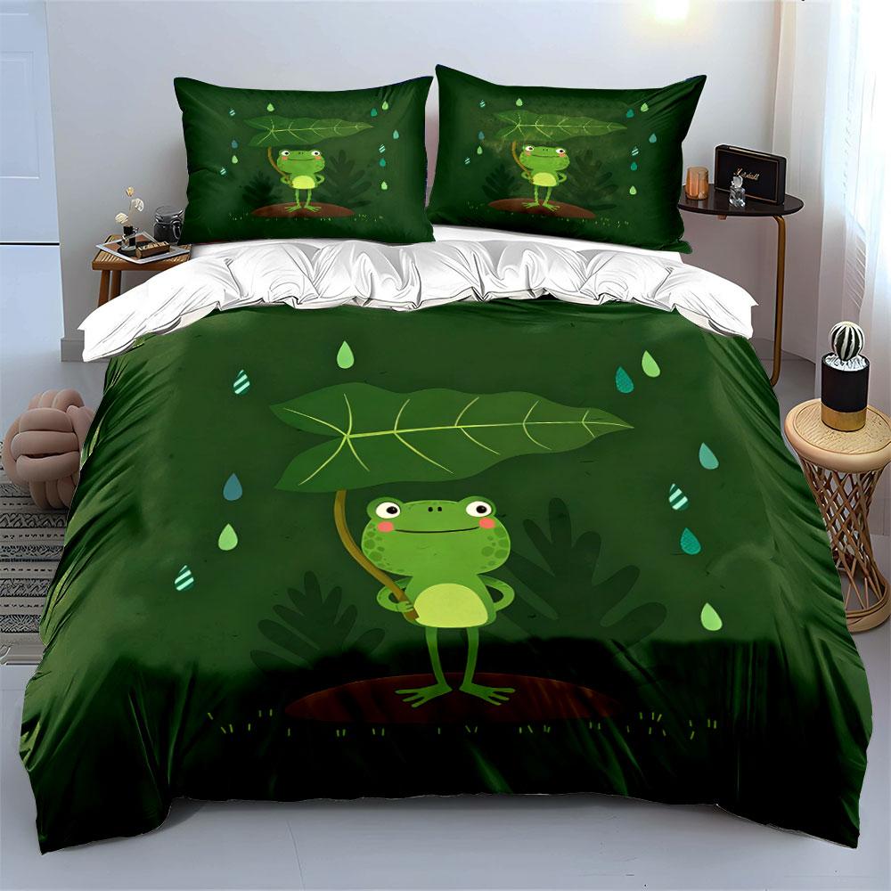 Frog Themed Rainy Day Decor Set Soft Comfortable Duvet Cover Bedding Set Included 1*Duvet Cover & 2*Pillowcases, Gift