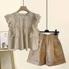 Plus Size Women's Elegant Ruffle Chiffon Shirt & Slimming Shorts Set