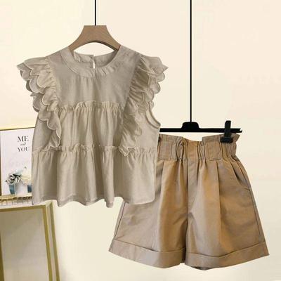 Plus Size Women's Elegant Ruffle Chiffon Shirt & Slimming Shorts Set
