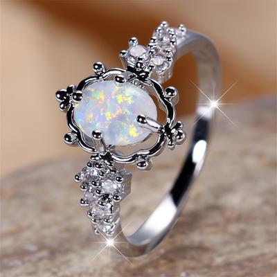 White Fire Opal Oval Stone Engagement Rings For Women Vintage Silver Color Luxury Crystal Wedding Bands Birthstone  Gifts