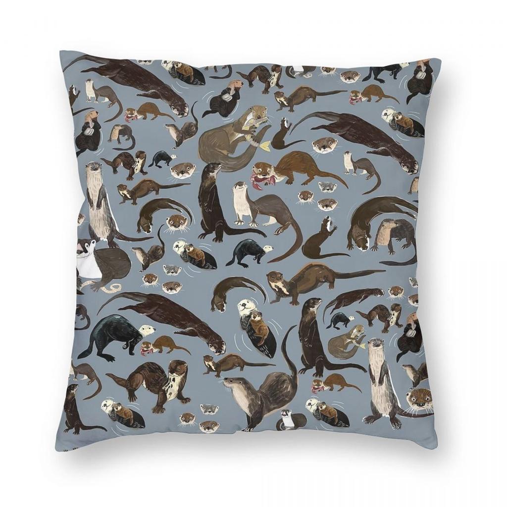 Old World Otters Square Pillowcase Polyester Linen Velvet Printed Zip Decor Bed Cushion Cover 45X45