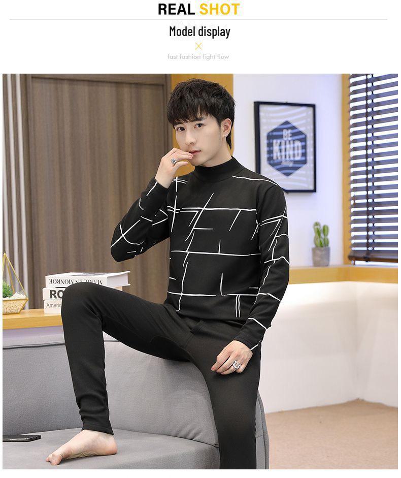 Men's Trendy Thermal Underwear Set: Teen Plus Velvet, Thickened Warm Bottoming Shirt & Pants for Autumn/Winter