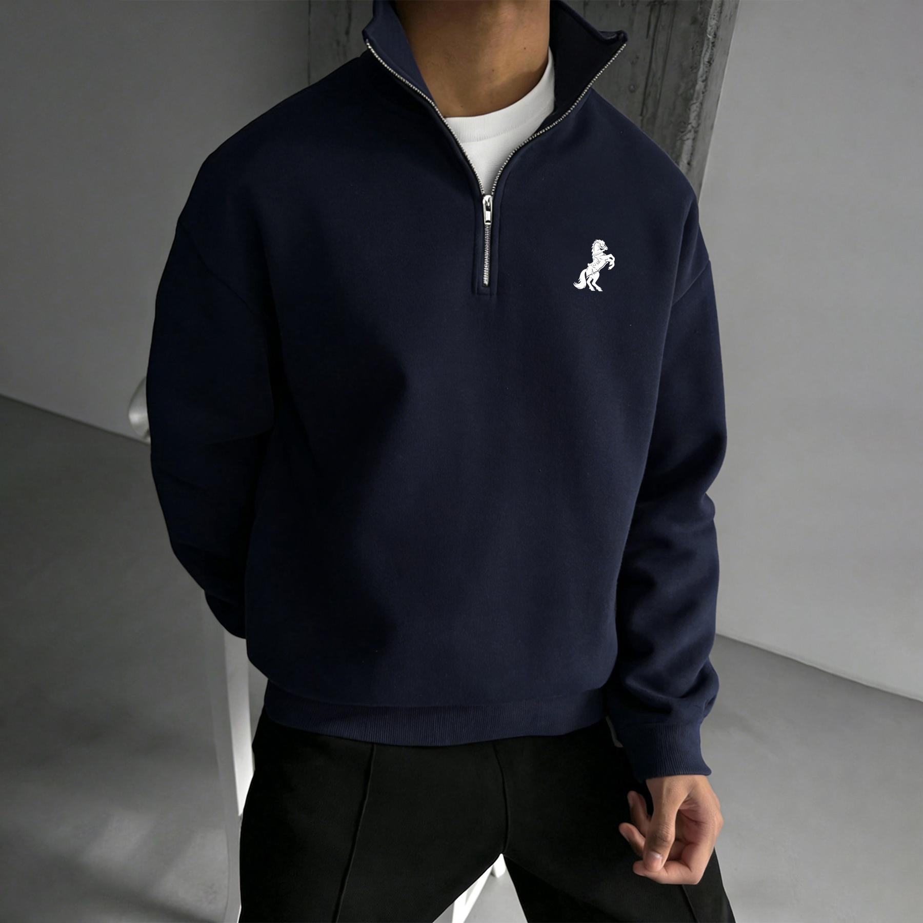 

Men s Half-Zip Hoodie with Horse Print, Street-Style Stand-Up Collar Hoodie, Casual Long-Sleeve Fleece Stand-Up Collar Hoodie,Men s Quarter-Zip Hoodie XXL темно-синього кольору