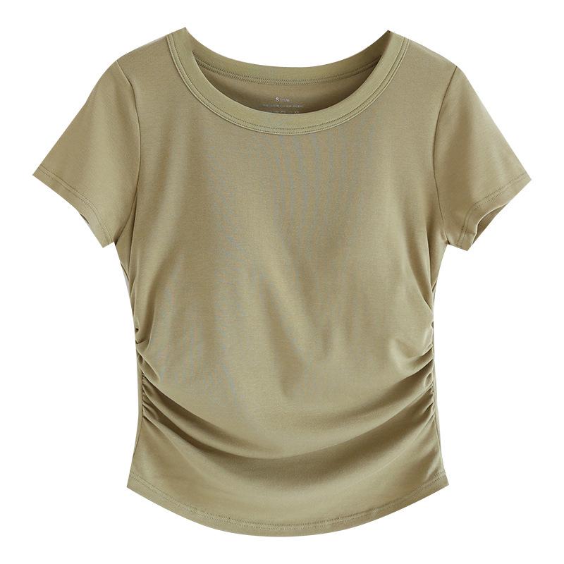 Tricou pentru femei cu mânecă scurtă, cu pernuțe pentru sâni, gât rotund și tiv cu coadă de rândunică