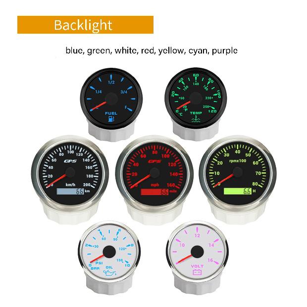ELING 6 Gauge Set 85mm 200km/h 160MPH GPS Speedometer Tachometer 52mm 0-120℃ Water Temp Oil Pressure Fuel Level Voltmeter 12V
