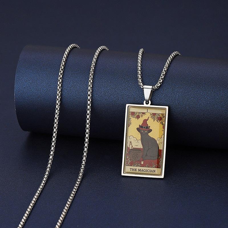 Stainless Steel Epoxy Cat Tarot Card Pendant Necklace For Men Boys Animal Divination Jewelry
