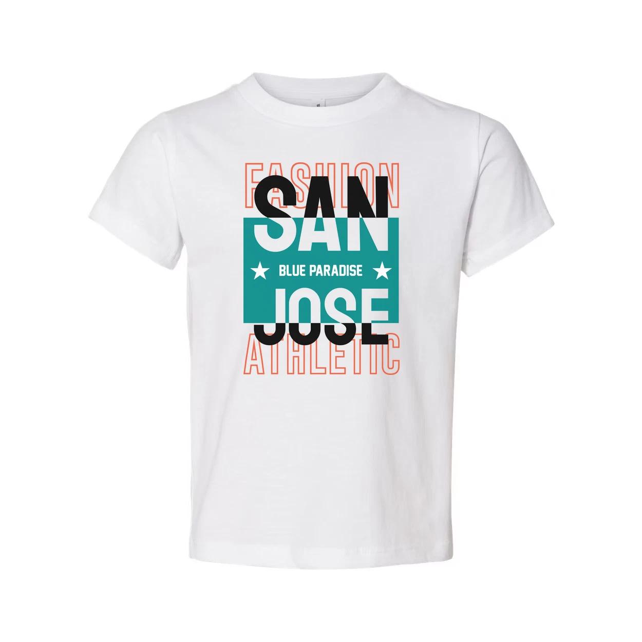 San Jose Athletic Graphic Unisex Tee With Teal Block Design And Blue Paradise Te M