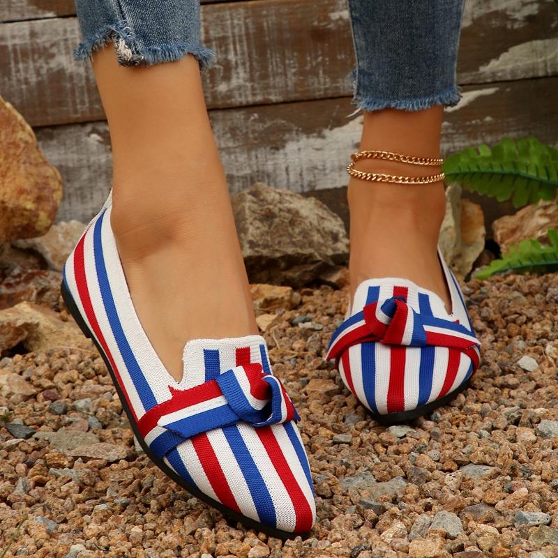 Mode Damen Flats Herbst Neu Spitzschuh Flacher Ausschnitt Patchwork-Farbe Stoffoberfläche Schmetterlingsknoten Weiche Sohle Einzelne Schuhe