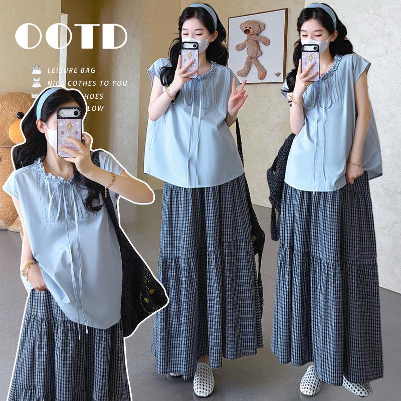 New Summer Maternity Two-Piece: Sleeveless Shirt & Plaid Skirt Set XL