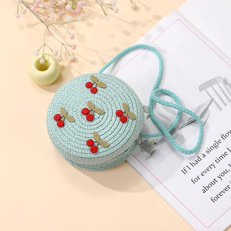 Kinder faltbare gewebte Strohtasche Sommer Mädchen Umhängetaschen Rote Kirschen Kinder Handtaschen Strand Reise Crossbody Taschen Kleine Geldbörsen