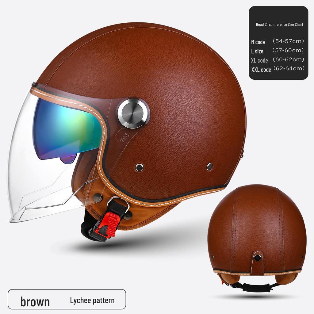 3C Certified Retro Leather Electric Motorcycle Helmet with Dual Visor – Unisex, Warm for Autumn/Winter