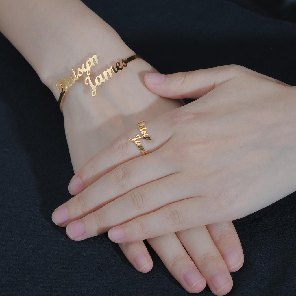 Atoztide Custom Double Names Frosted Jewelry Set Bracelet Necklace Rings Stainless Steel for Women Unisex Choker Birthday Gifts