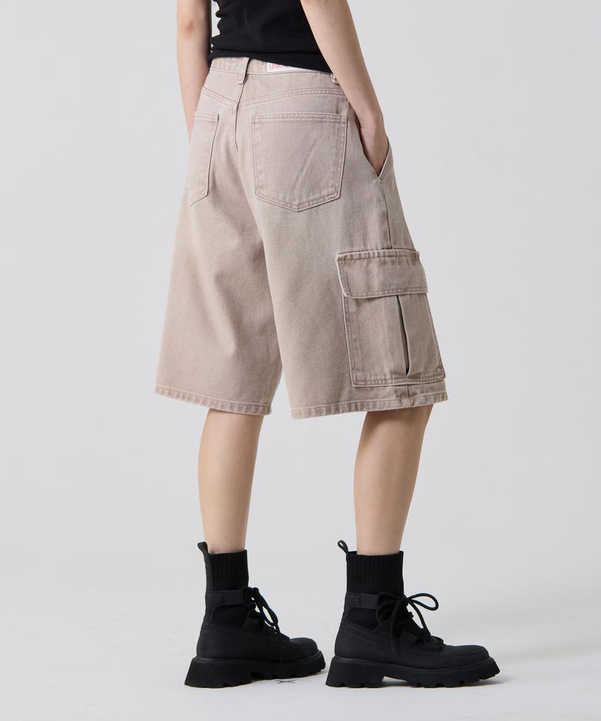 UNKNOWN PLANET Bermuda Wide One-Pleat Washed Cargo Shorts Vintage Beige