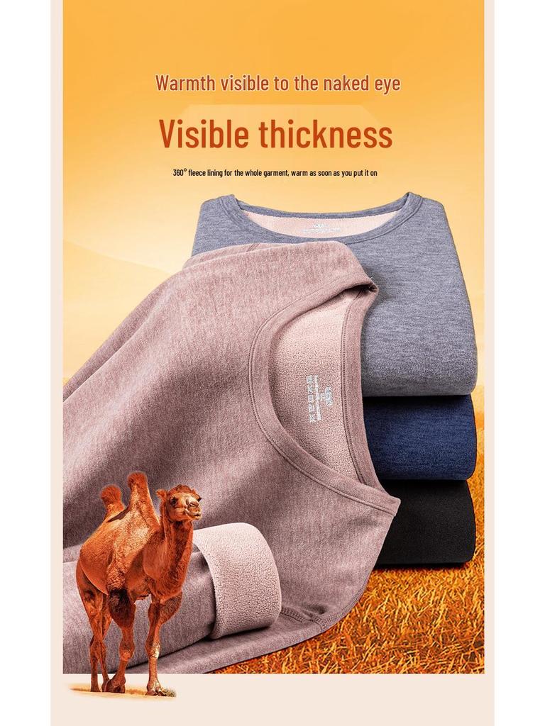 Men's Winter Fleece-Lined Camel Wool Base Layer Set - Warm Cotton Underwear and Pants for Middle-Aged and Elderly
