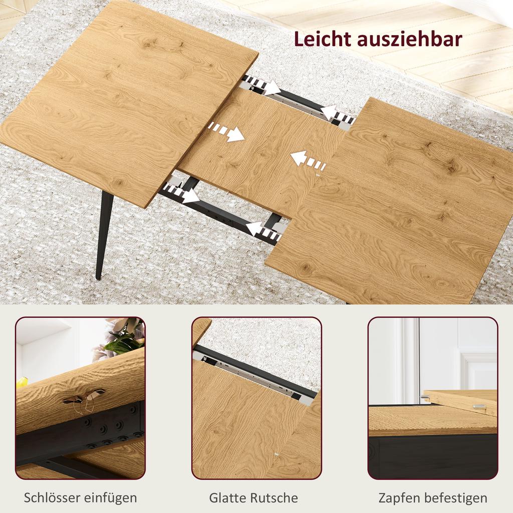 Extendable Dining Table, Expandable Table for 6-8 People, Kitchen Table with Solid Steel Legs
