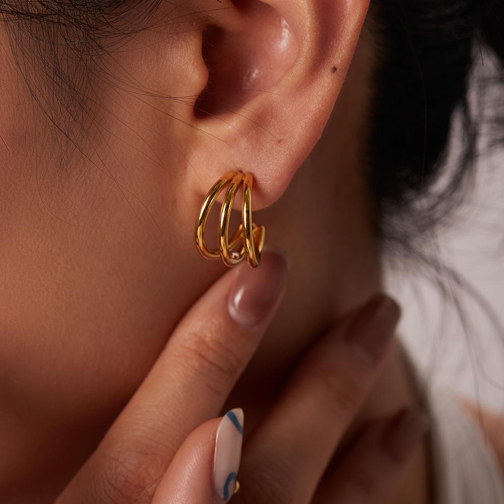 INS French Niche Geometric Titanium Steel Earrings: 18K Gold Three-Line Design for Women