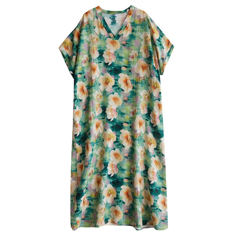 Dimanaf Plus Size 2025 Summer Dress V-Neck Women Casual Vintage Flower Dress Basic Long Loose Dress Maxi