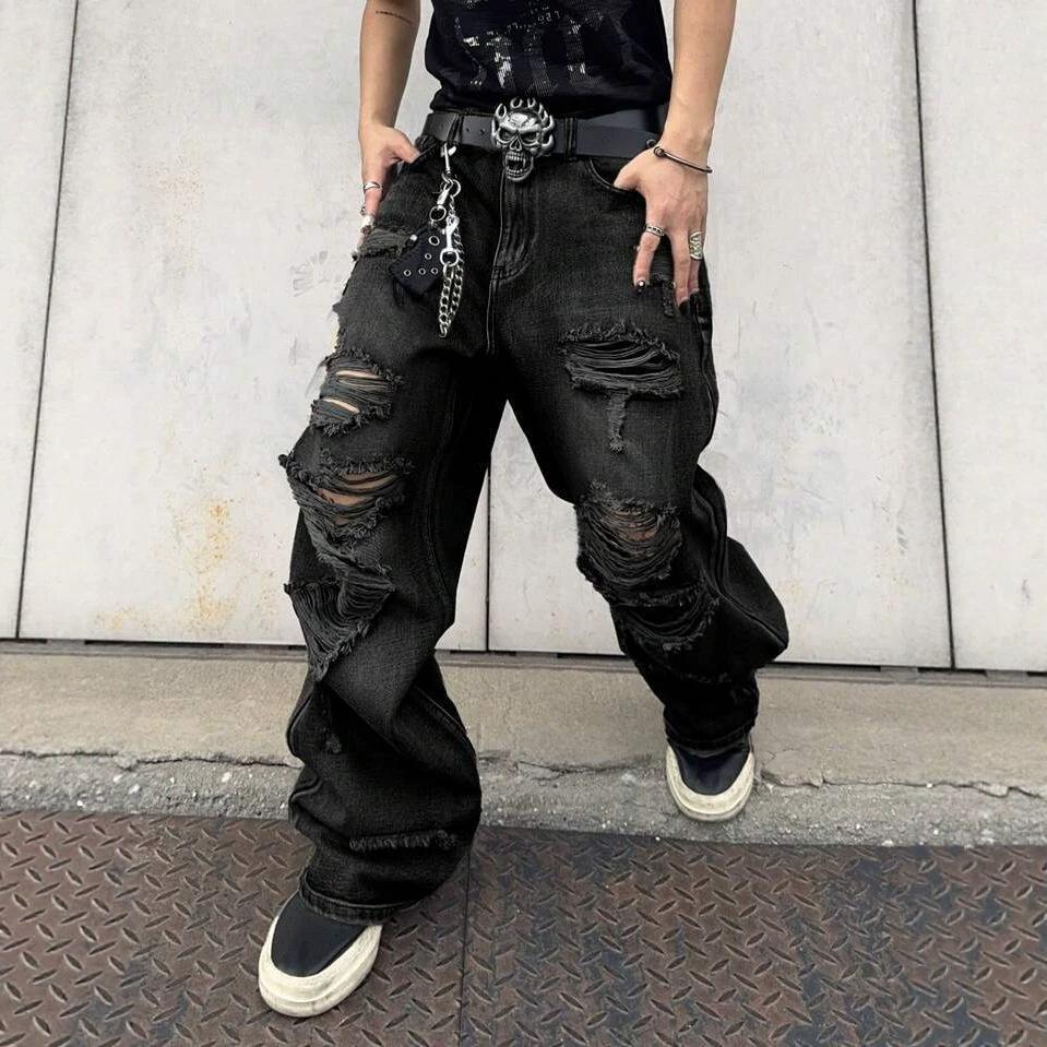 American high street niche design sense super fire ripped pants summer new ins dark wind denim wide-leg pants