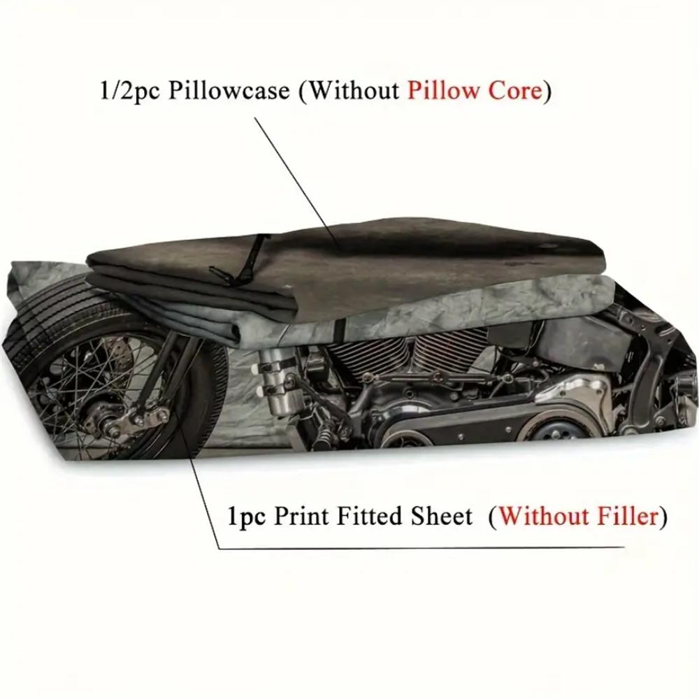 2/3pcs Vintage Black Motorcycle Fitted Sheet Set - Soft, Breathable, Retro Mattress Covers with Deep Pocket - Perfect