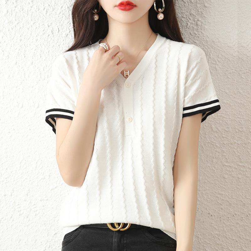 

Летняя футболка из чистого хлопка с V-образным вырезом, вязаная, с коротким рукавом, для женщин. Топы с коротким рукавом для женщин. Хлопковый жилет, надеваемый через голову. XXL белый