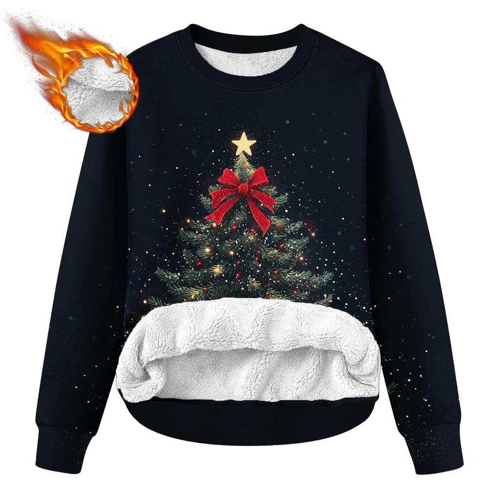 Women's Fashion Casual Long Sleeve Christmas Printed Round Neck Plus Velvet Thickened Sweatshirt