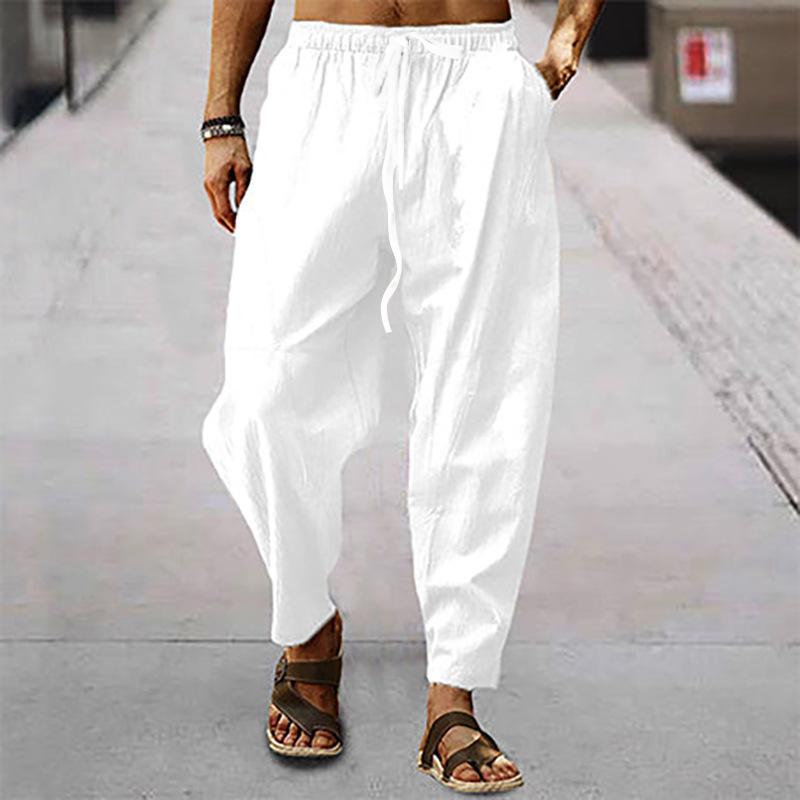 

Men Cotton Linen Pants Summer and Autumn Solid High Waist Wide-Leg Trousers Male Loose Hemp Casual Breathable Sports Pants XXXL
