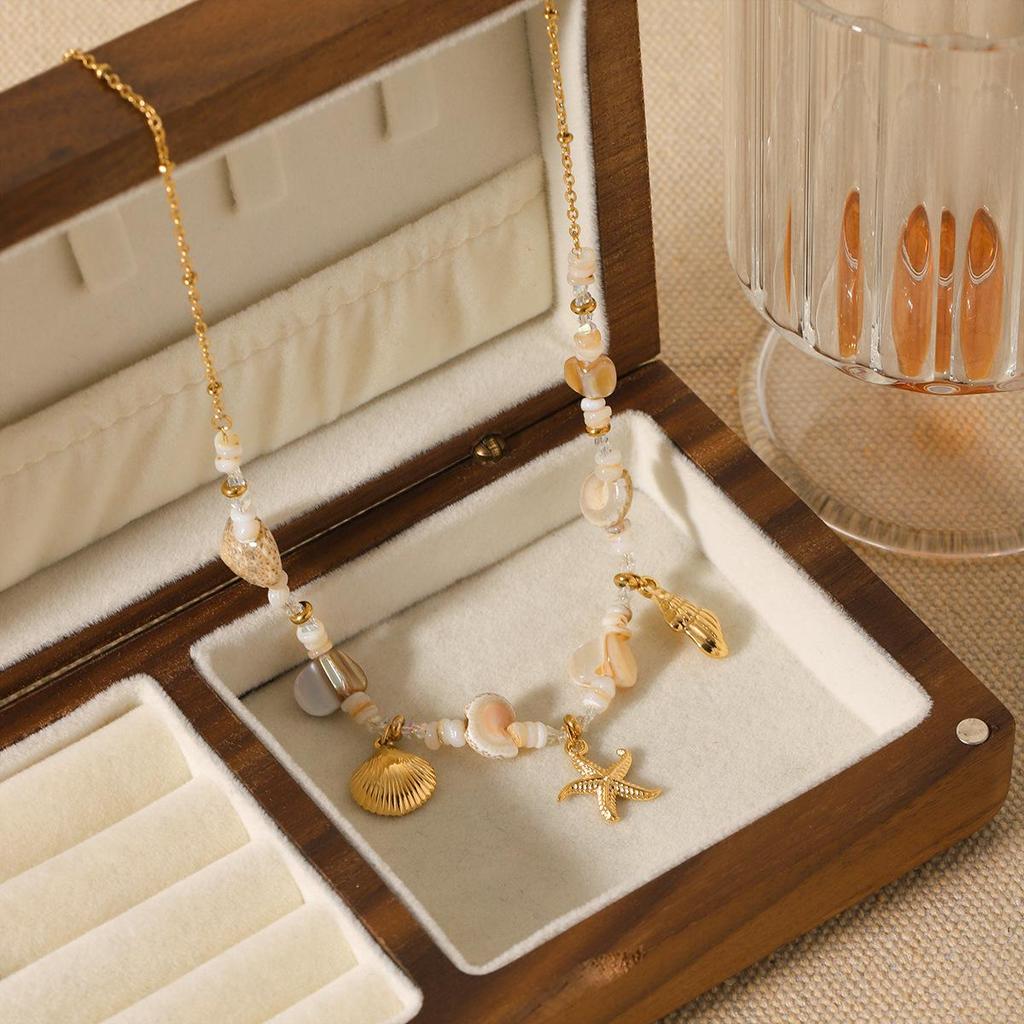 Stainless Steel Shell & Starfish Pendant Necklace - Summer Ocean Style