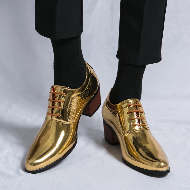 Luxury Gold Pointed Dress Shoes Men High Heels Fashion Glitter Wedding Party Shoes Men Italian Oxfords Formal Leather Shoes Man